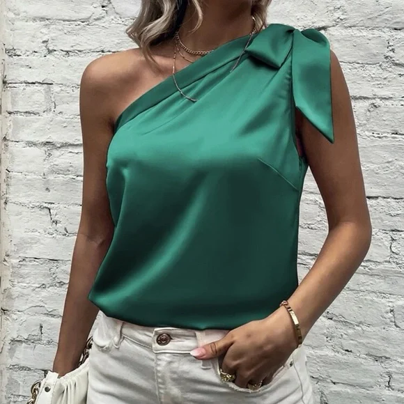 Satin silky one shoulder bow blouse tank top light pink - Picture 8 of 11